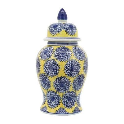 14.5" TEMPLE JAR W/DALHIA FLOWER,YELLOW/BLUE