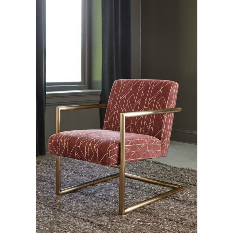 Accent Chair with Geometric Patterned Fabric, Sled Legs, Rose Brass Finished Frame and Armrests